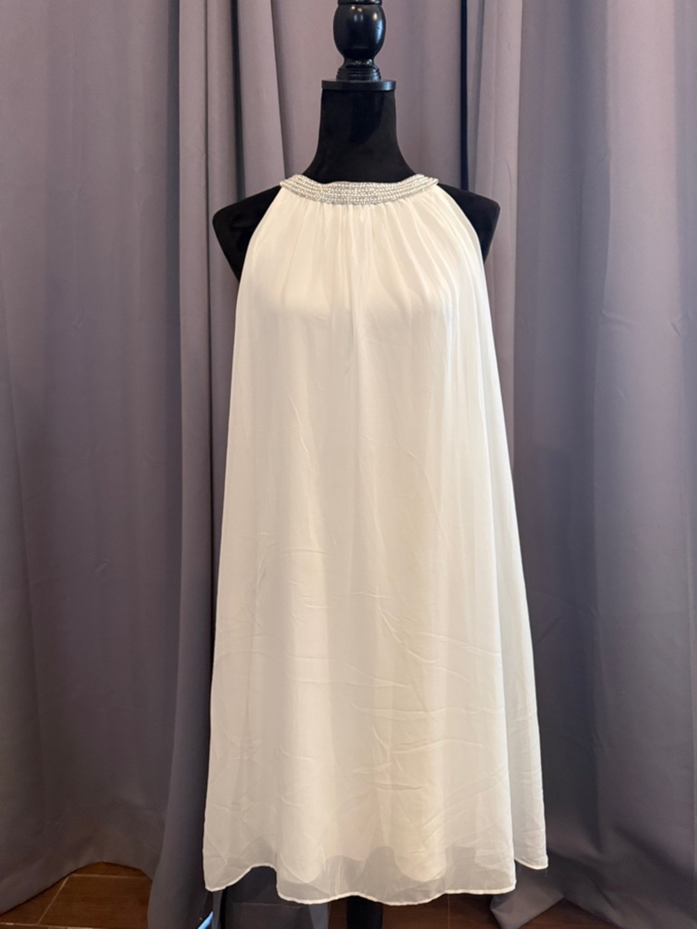 MARINA White Flowing Beaded Halter Dress. White liner w/ flowy chiffon overlay.